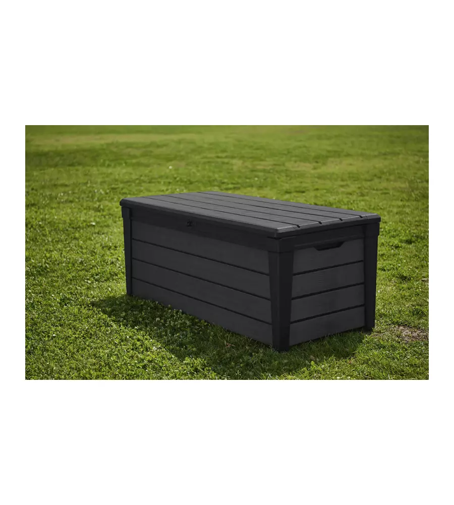 Baule da esterno keter "brushwood" in resina grafite effetto legno 454 lt 145x69,7x60,3 cm